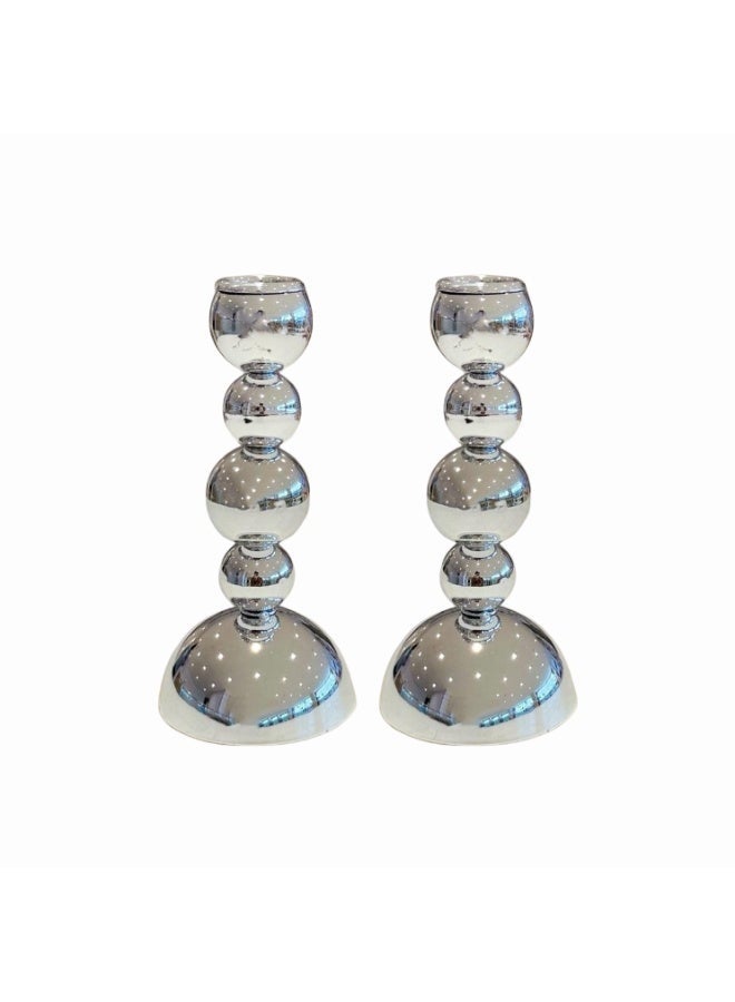 Luxury Silver Candlestick 2 Pcs Set 17cm with a Modern Design Featuring Polished Metal Balls to Enhance your Home Decor - Image 2